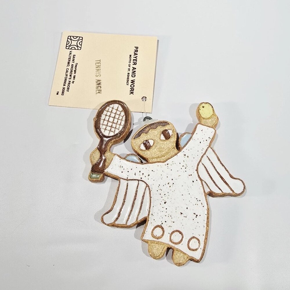 Vintage St. Andrews Ceramic Pottery TENNIS PLAYER ANGEL Ornament Plaque